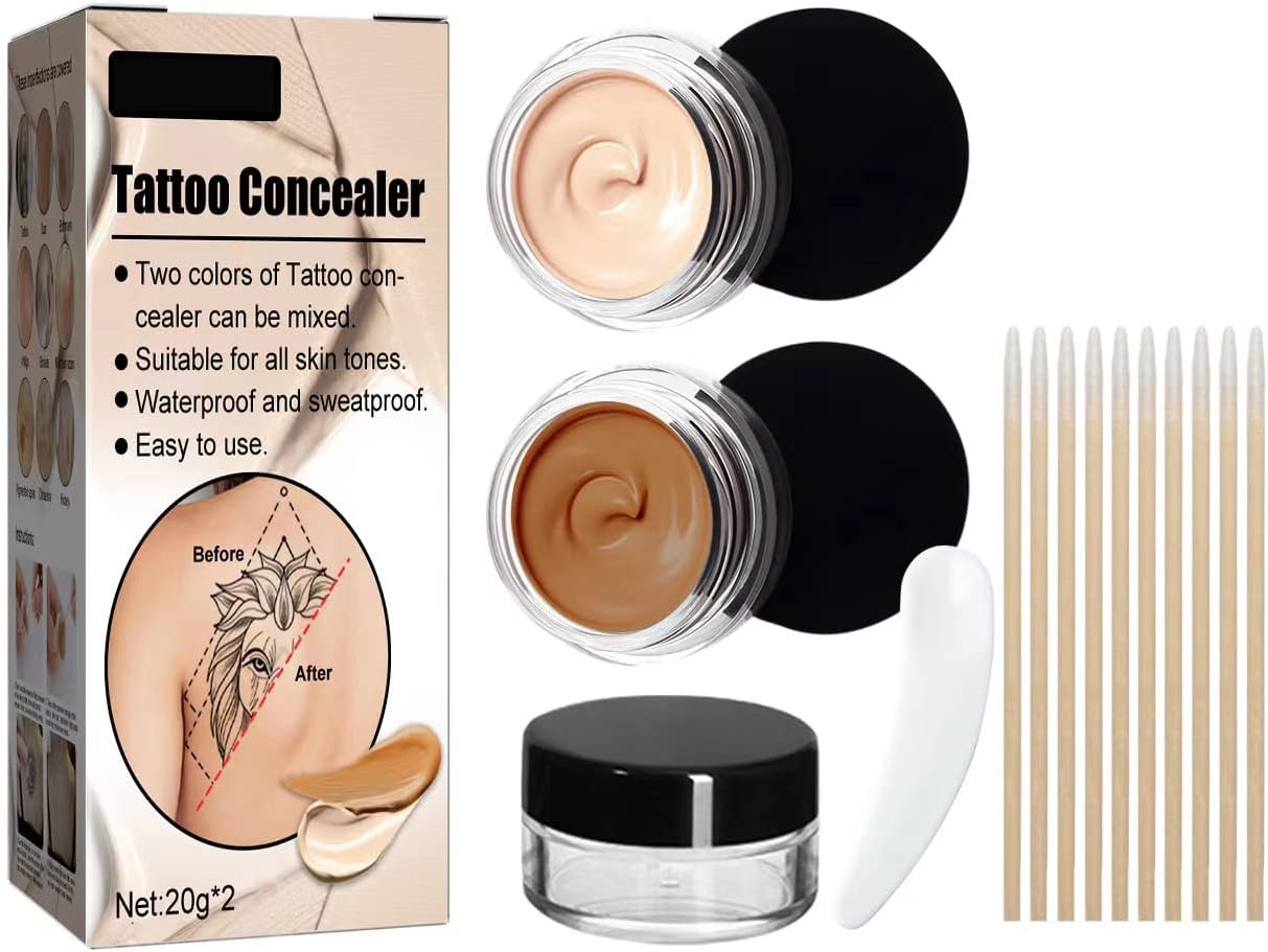 Tattoo Cover Up,Waterproof Invisible Concealer Body Leg Bruise Stretch Scar Dark Spots Vitiligo Skin Makeup Waterproof,Professional Long Lasting Tattoo Cover Up Suitable for Men and Women,2 Colors/Set