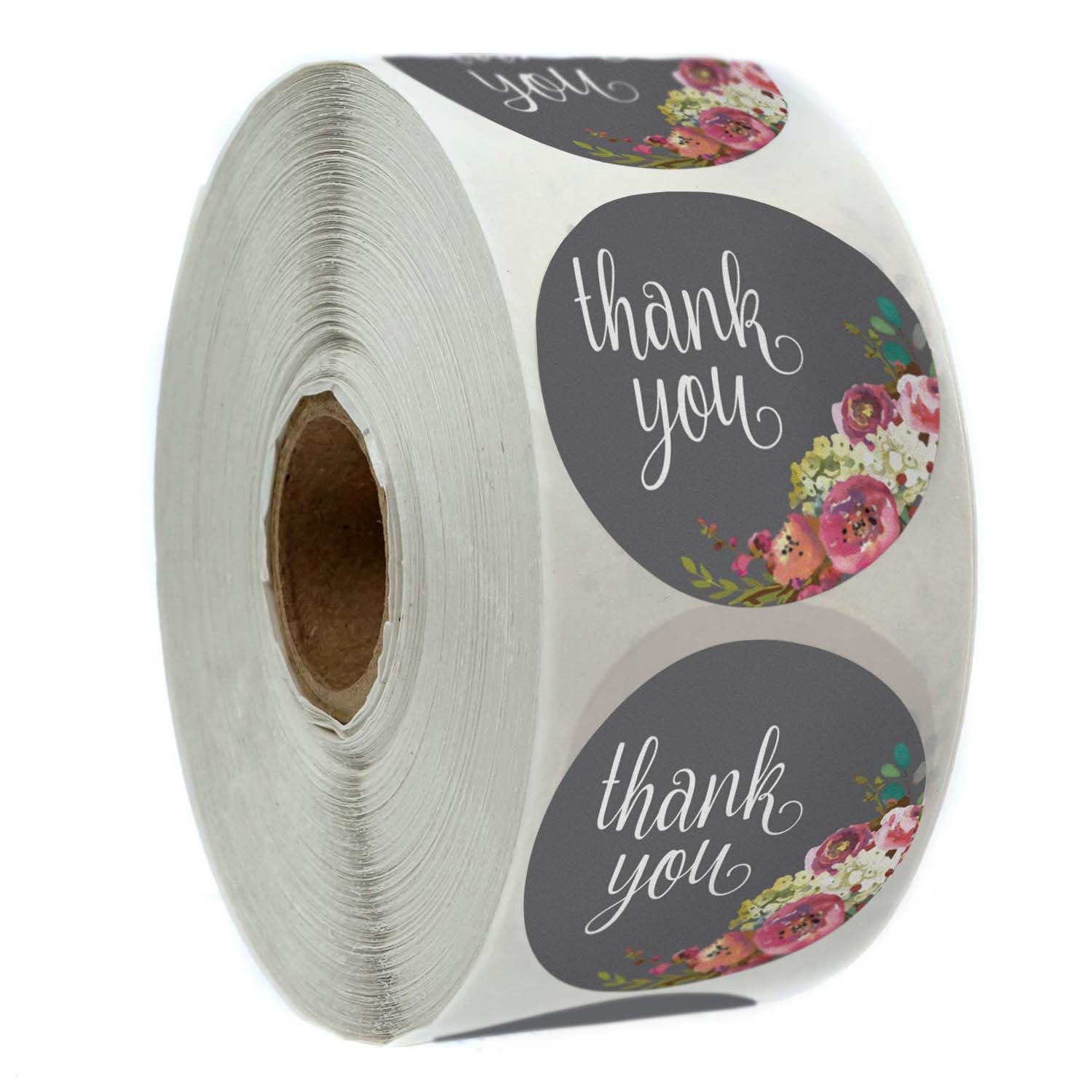 Grey Floral Thank You Stickers / 1000 Gray Gratitude Envelope Seals Roll / 1.5" Round Flower Thanks Labels