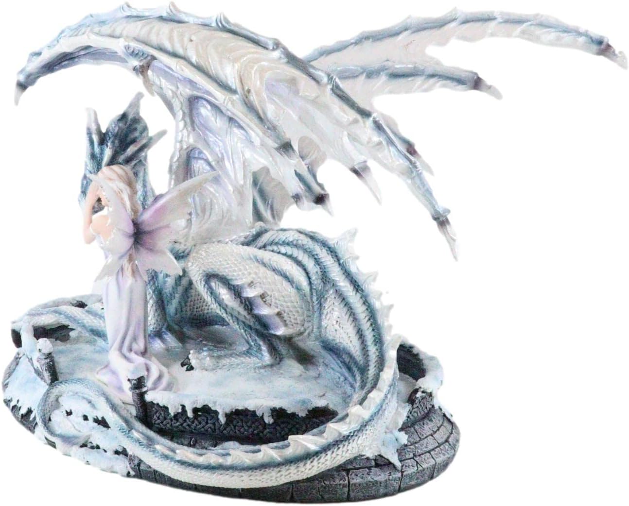 Ebros Large 15" Long Winter Blizzard Fairy Embracing with Giant White Frostbite Dragon Statue Decorative Mythical Fantasy FAE Garden Fairies Magic Figurine Collectible