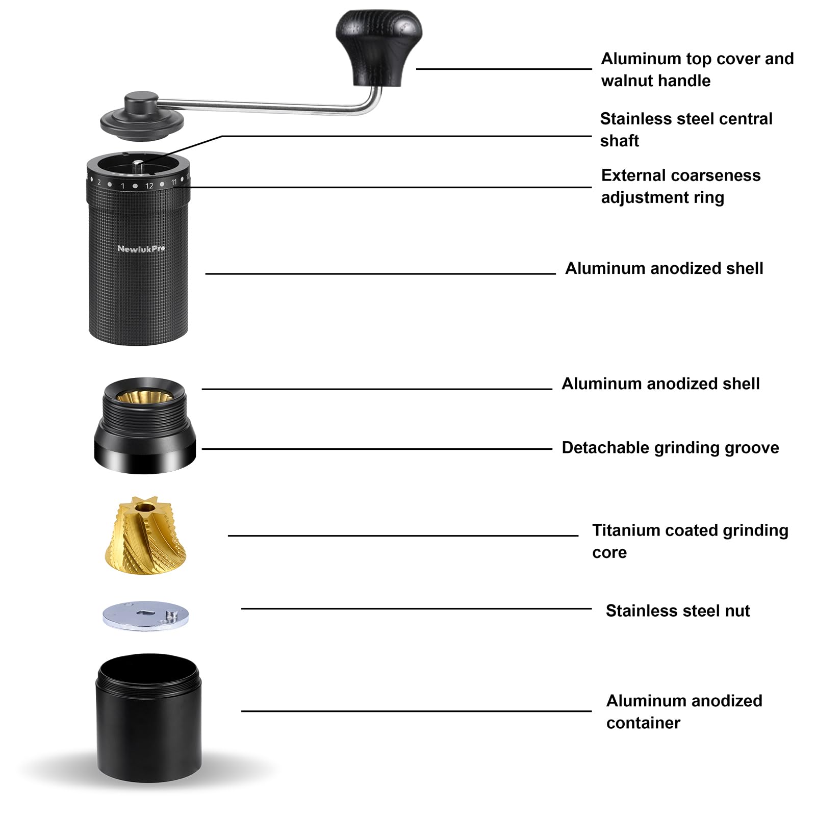Molinillo de café manual M7 Pro, rebaba heptagonal con revestimiento de titanio, molinillo de café de mano con 72 escalas externas, capacidad de 35 g, molinillo de café completo para verter