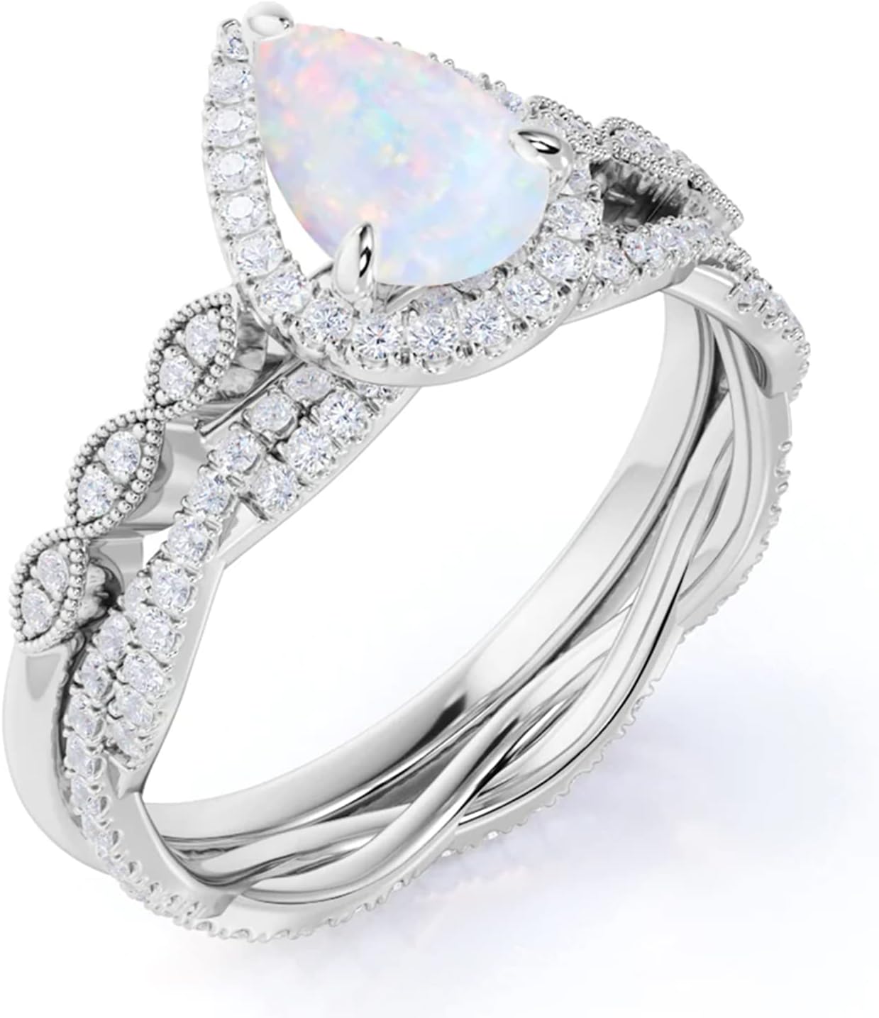 1.75 CT Pear Shaped Opal Engagement Ring Set For Women Vintage Opal And Moissanite Wedding Ring Sets For Her Platinum Plated Silver 10K 14K 18K Gold Promise Ring