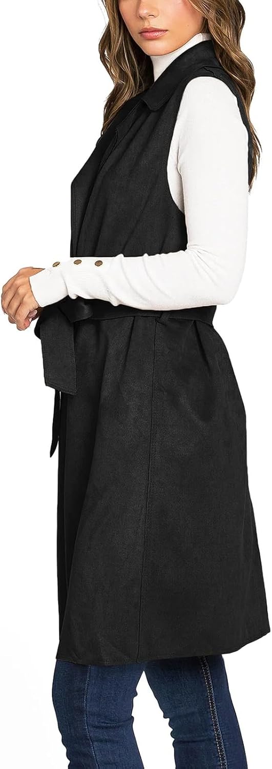 IDEALSANXUN Womens Long Suede Vest Fall Winter Sleeveless Trench Coat with Belt - Image 4