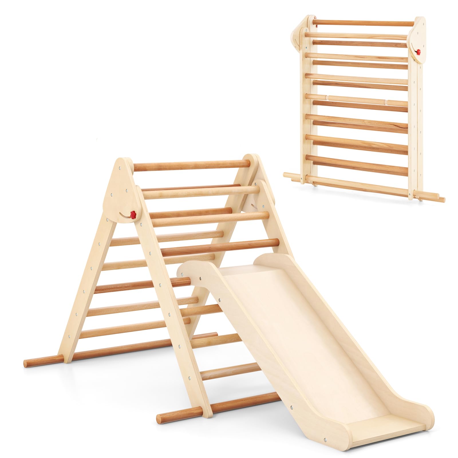COSTWAY Toddler Climbing Frame, Folding Kids Triangle Climber with Slide, Wooden Indoor Montessori Play Gym for Boys Girls 1+ Years Old (Natural)