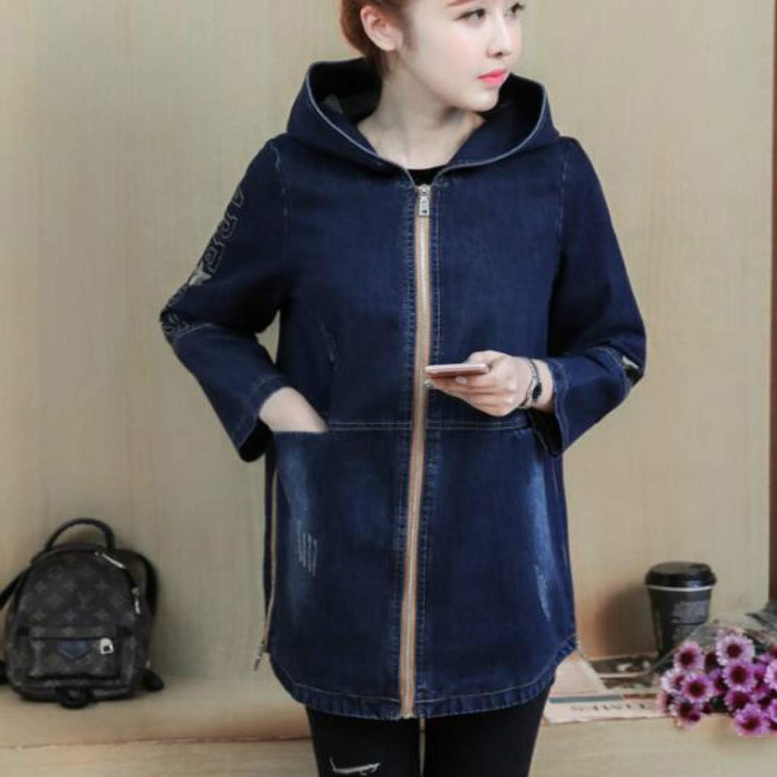 Colygamala Women's Long Denim Jacket Plus Size Zipper Long Sleeve Windbreaker With Hoodie (S-3XL)