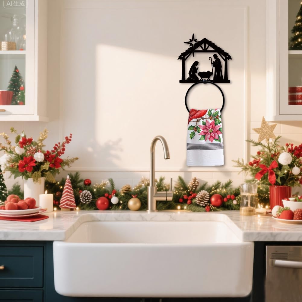 MAYJOYDIY Birth of Angel Metal Towel Ring, Angel Black Hand Towel Holder, Metal Nativity for Christmas Decorations Hanging Ring Wall Mounted Bathroom Accessories for Bathroom Kitchen Home Decoration