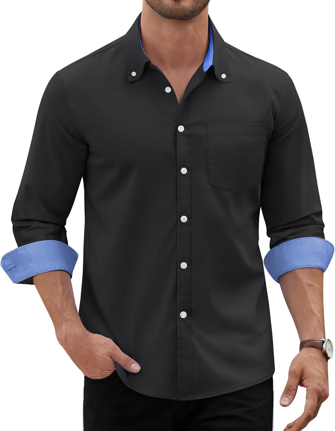 Alimens & Gentle Men's Oxford Shirt Long Sleeve Button Down Shirt Casual Stretch Wedding Dress Shirt with Pocket