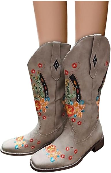 Amazon.com: Botas vaqueras para mujer, botas occidentales, con bordado  floral retro, tachonadas, hasta la rodilla, punta alta, botas de tacón  bajo, botas vaqueras : Ropa, Zapatos y Joyería