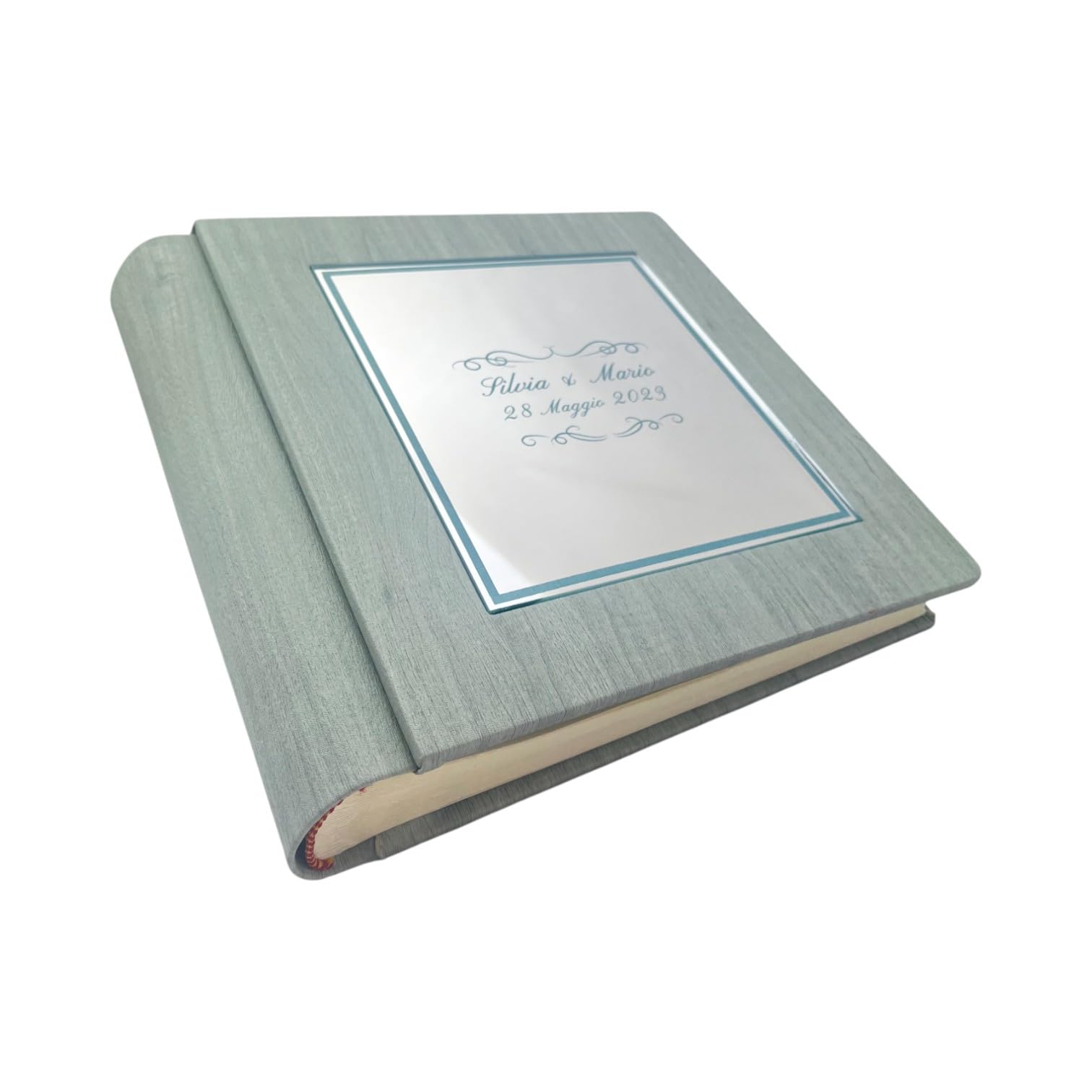 Album fotografico -Giove Mirror- in ecopelle effetto legno con riquadro Plex Specchio leserato e colorato personalizzabile, classico con velina, Nozze Comunione Anniversario Matrimonio (Verde Acqua)
