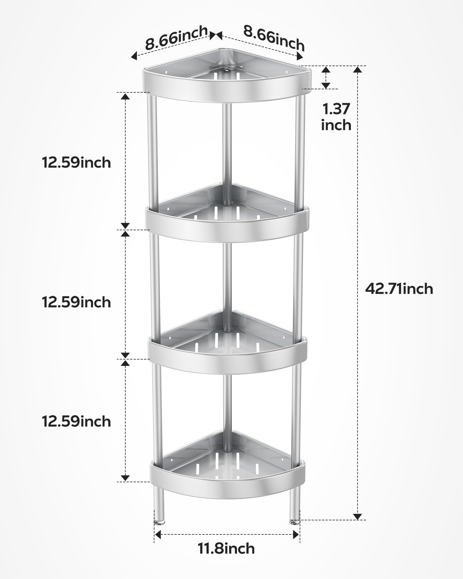 Nieifi Narożny stojak prysznicowy - 4-poziomowy nierdzewny anodowany aluminiowy stojący organizer prysznicowy, narożnik prysznicowy, podwójna stabilność, zapobiega wstrząsom, regulowana wysokość nóg