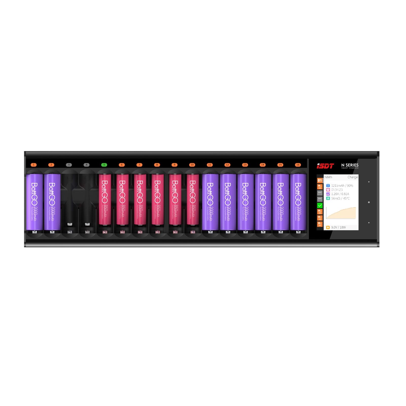 ISDT N16 Cargador Universal con Pantalla LCD | 16 Ranuras Inteligentes | Función de Descarga y Análisis | para Pilas Recargables AA AAA Li-LON LiHv Ni-MH Ni-CD LiFePO4 | Protección Completa