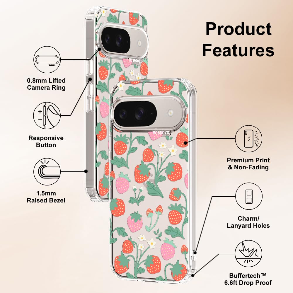 MOSNOVO Case for Google Pixel 9 & Pixel 9 Pro, [Buffertech 6.6ft Military-Grade Drop Protection] [Anti Peel Off Tech] Clear TPU Bumper Phone Case Cover Design - Strawberry Garden — view 7