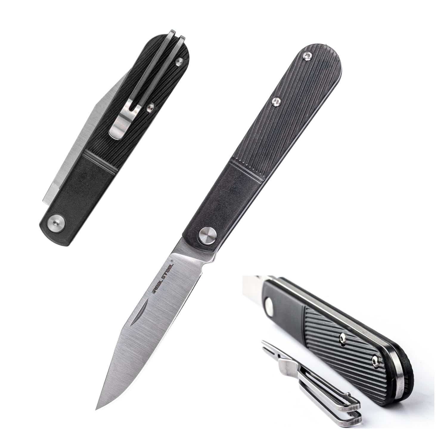 REALSTEEL Real Barlow RB-1 Pocket Knife,Folding Knives,Detachable Fork Clip,2.87" 12C27 Steel Satin Blade,1.5oz,Slipjoint,Nail Nick,EDC Indoor,Daily Use,Gift for Men Women(Black Clip Point)