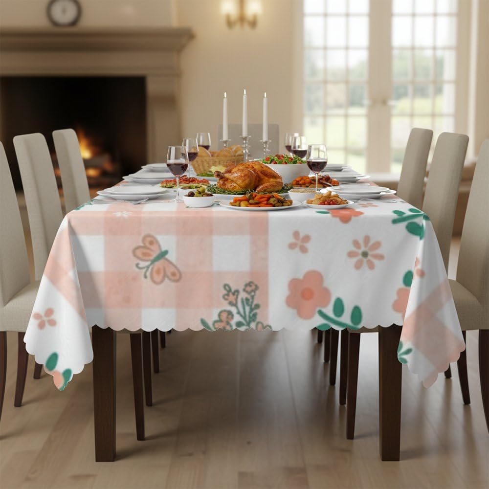 Checkered Print Rectangle Tablecloth 60x120 in, Fitted Girly First Birthday Party, 4Th Birthday Decorations Girl Tropical Tablecloth for Seasonal Farm Party Camping Table Cover