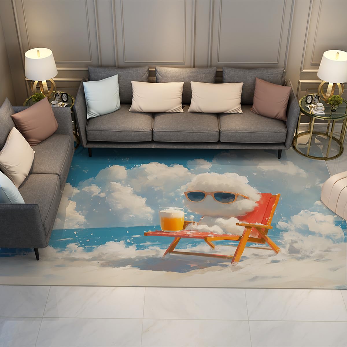 Großer Wohnzimmerteppich 160x230cm Niedliche Wolkenteppiche Weiche Maschinenwaschbar für Boho Bauernhaus Schlafzimmer rutschfest Neutral Morden Indoor für Home Office Orange Weiß