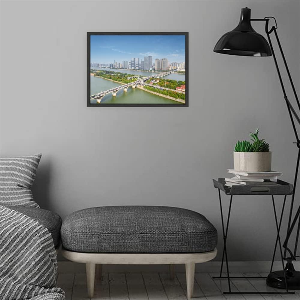 VERRE ARTBlack Floater Framed Canvas - Wall Decor for Living Room, Bedroom, Office, Hotels, Drawing Room (14in X 10in) - Changsha City With Bridge
