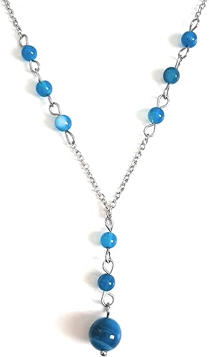Natural Crystal Bead Blue Agate Stone Y Shaped Lariat Necklace Non-Tarnish Steel Chain