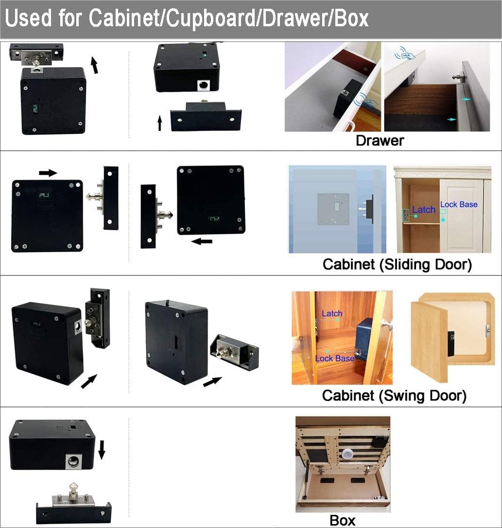 Diagrams illustrating various installation methods for the RFID lock on drawers, sliding cabinets, swing cabinets, and boxes.