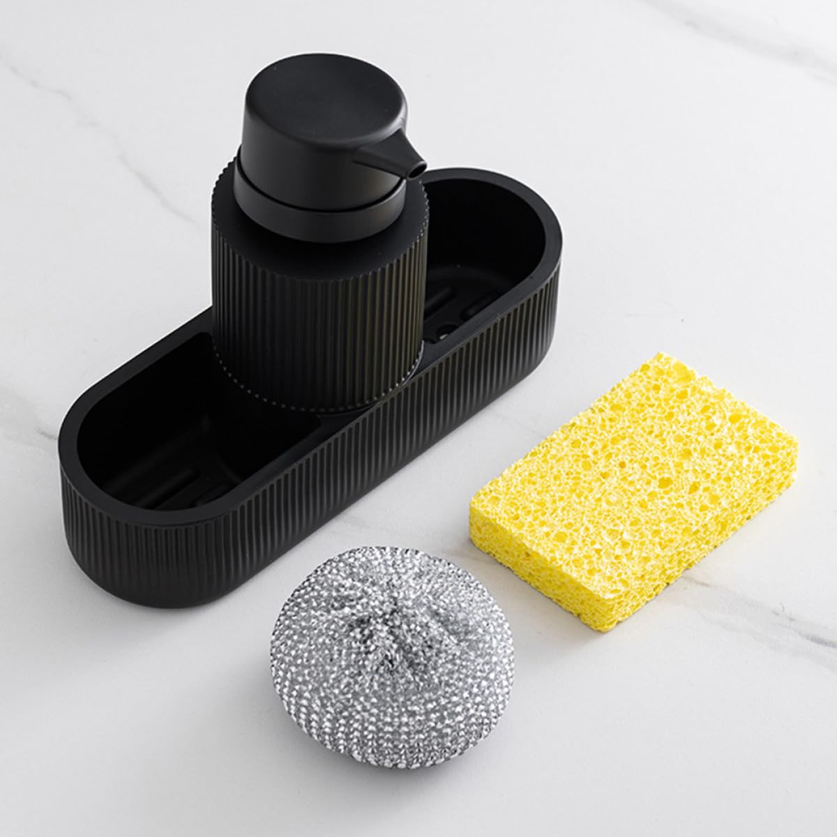 Dispenser di Sapone da Cucina Nero Porta Spugna Integrato, Erogatore a Pompa per Lavaggio a Mano, Set Ricaricabile per Detersivo Piatti e Organizzatore Lavello Cucina