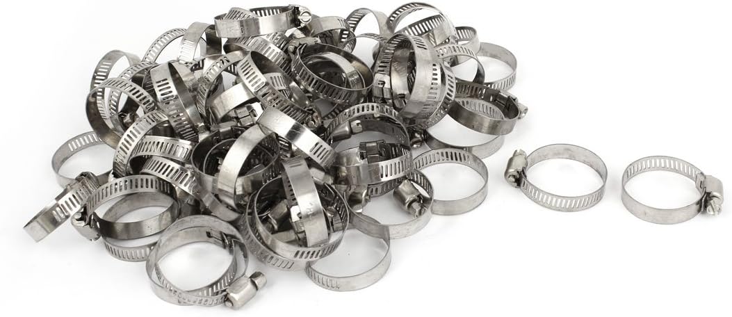 Silver Tone Hose Clamps 18-32mm Adjustable Worm Gear Hose Pipe Fitting Clamps Snap Grip Hose Clamps 100 Pcs