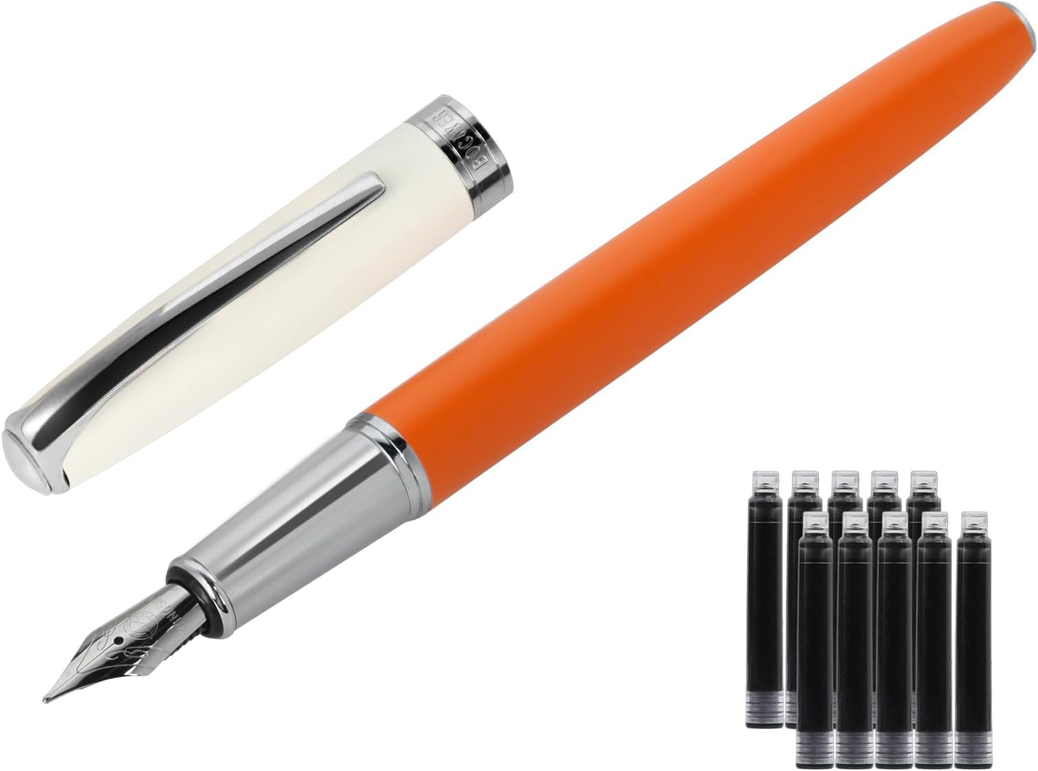 Contrast Color Fountain Pen Set - Medium Nib, Fancy Writing Instruments, Refillable Box (Orange)