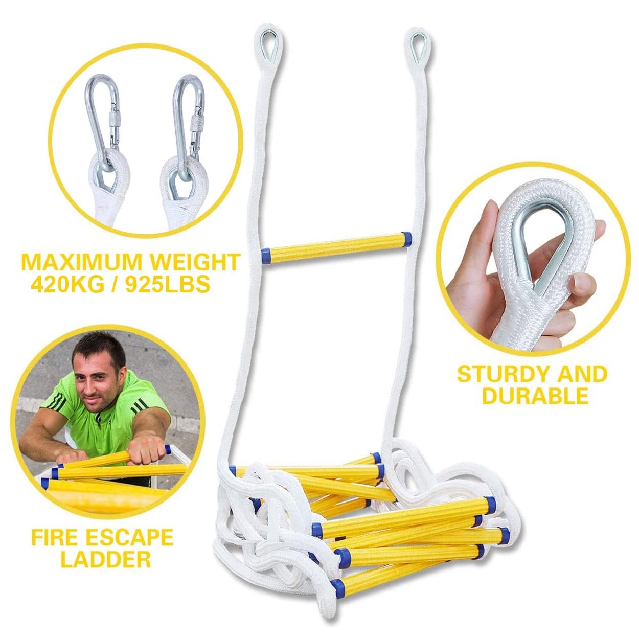 Generico Scala di Corda di Emergenza antincendio, Scala di Sicurezza da 18 m/59 Piedi con spaziatura tra i pioli di 30 cm, Portatile e Resistente per Rapide evacuazioni domestiche, Ideale per Le emer