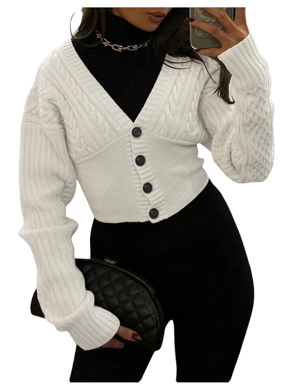 Womens Off Shoulder Cable Knit Cardigans Button Down Cropped Sweater Fall Tops