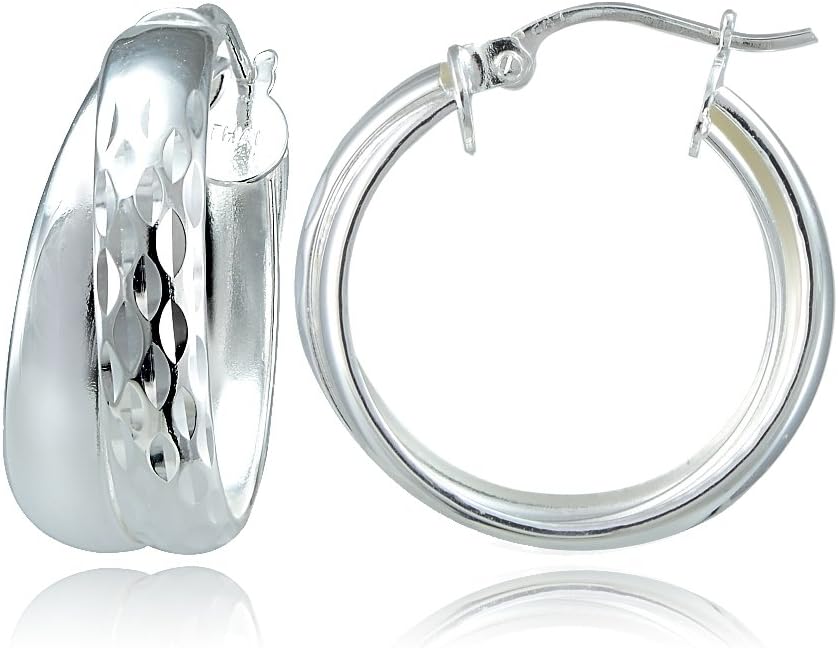 Hoops & Loops - Sterling Silver Diamond Cut Click Top Double Hoop Earrings |Two Toned, Sterling Silver & Yellow Gold Flash Plated