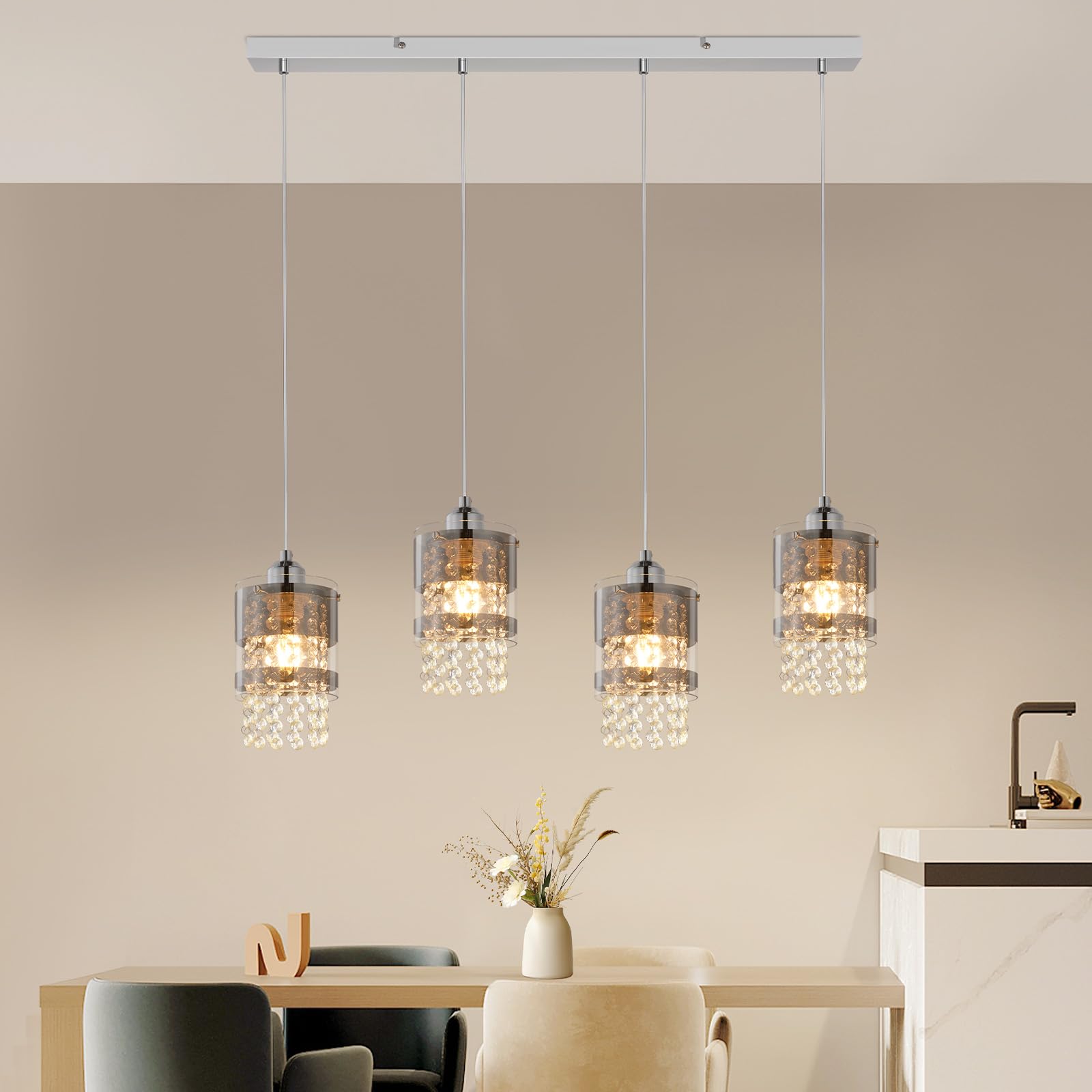 ZMH Pendelleuchte Esstisch Modern Hängelampe Glas Hängeleuchte Esszimmer 4 | Flammig Esstischlampe Hängend 150CM Höhenverstellbar Kristall E27 Pendellampe für Küche Wohnzimmer Ohne Leuchtmittel