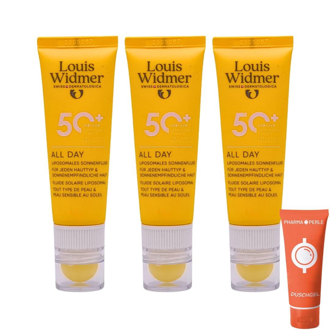 Louis Widmer All Day 50+ mit Lippenpflege Stift 3x 25 ml I Sonnenschutz für empfindliche Haut & Lippen LSF 50 I wasserfest & pflegend I ideal für unterwegs I Spar-Set plus Pharma Perle give-away