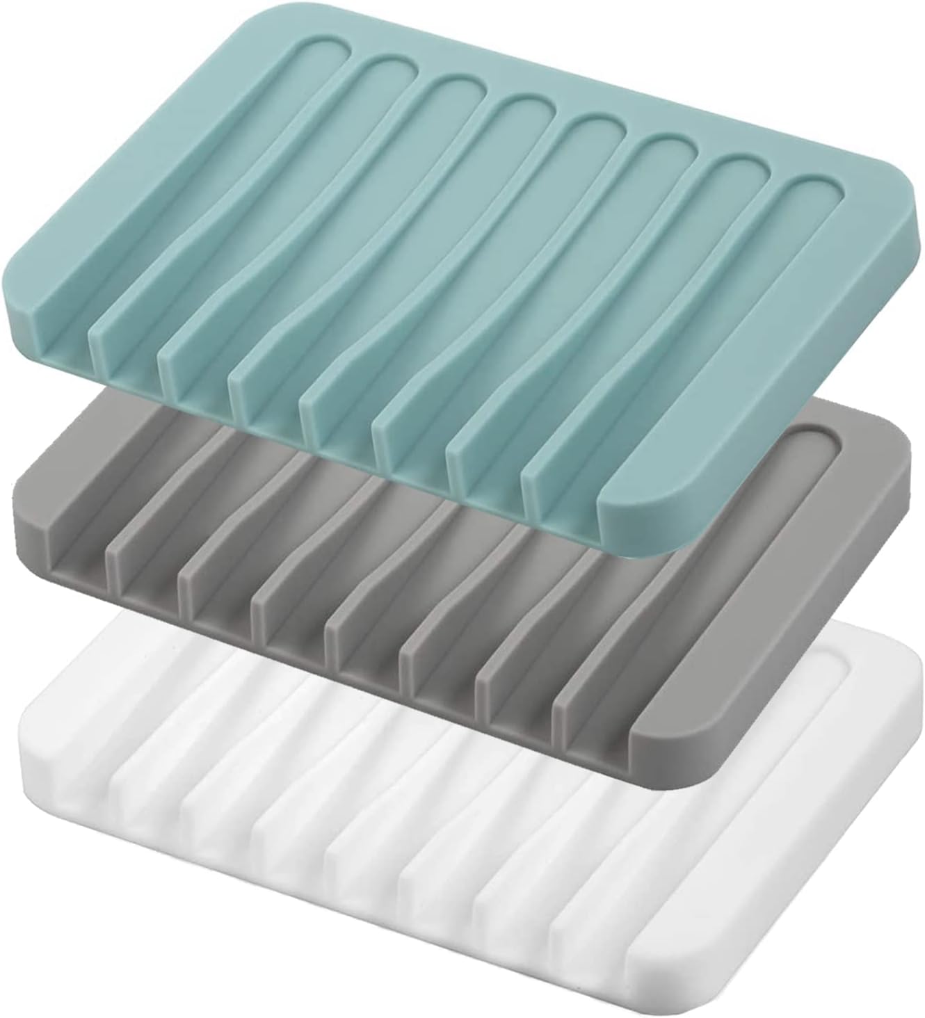 Topavatop Self Draining Soap Dishes, 3 Pcs Silicone Soap Saver, Waterfall Drainer Soap Holder for Bathroom, Extend Soap Life, Keep Soap Bars Dry Clean & Easy Cleaning (White, Gray, Teal)