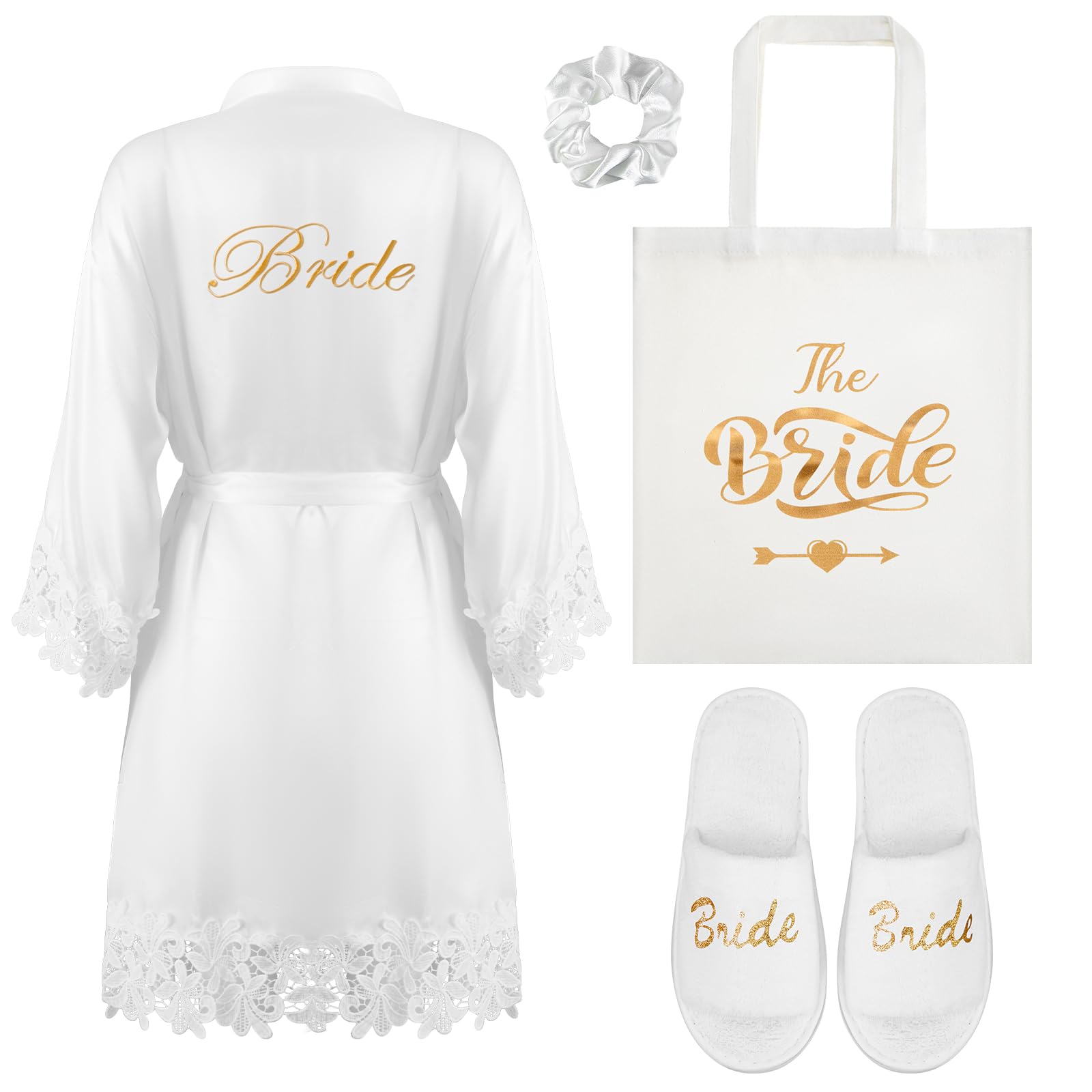 BBTO Juego de 4 Regalos de Novia Regalos de Despedidas de Soltera Bata de Novia de Satén Blanco con Encaje Dorado Bolsa Zapatillas Lazo de Pelo Blanco para Boda Compromiso Spa