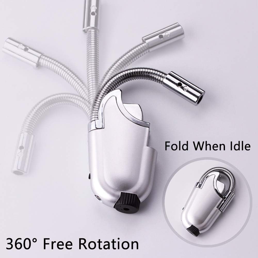 Refillable Butane Torch Lighter 2pcs, with 360°Flexible Neck and Flashlight, for Grill BBQ Camping, Mens Gifts Black & Silver (Butane Gas Not Included) (Lighter-Black & Silver)