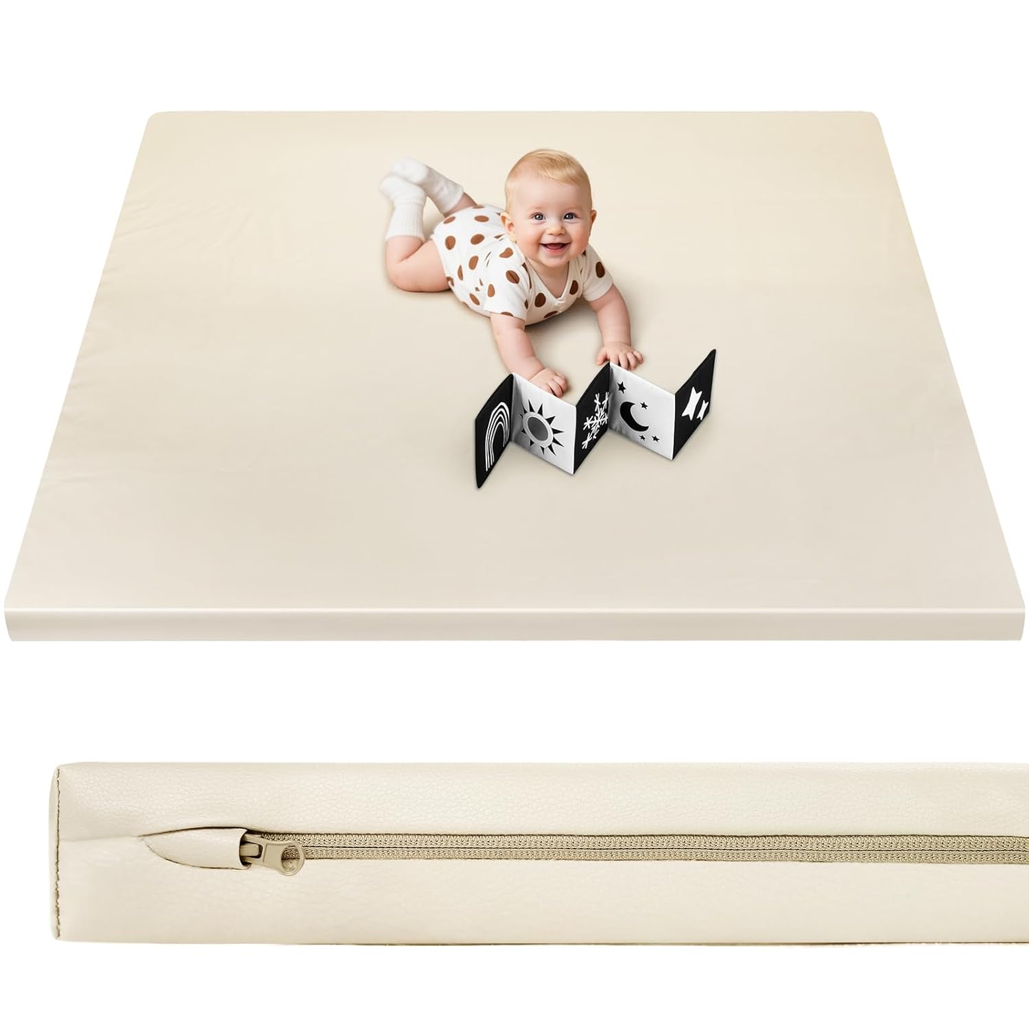 Baby Play Mat 50x50 Thicken Foam Cushioned & Waterproof Playpen Mat, 1.3" Thick Non-Toxic Cushioned, Waterproof Soft Crawling Mat for Infants and Toddlers, Wipe-Clean Playmat, Beige