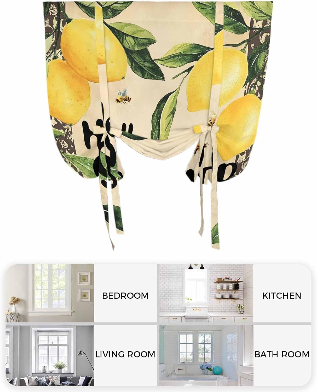 Tie Up Curtains for Windows Hello Summer Lemon Bee Rod Pocket Tie-Up Window Shade Adjustable Balloon Curtain Valance Vintage Fruit Floral for Bedroom Kitchen Bathroom Blinds, 46x63in