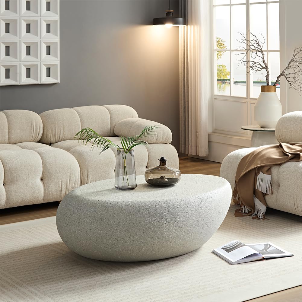 Condition photo showing As Is for Oval Coffee Table Faux Stone Table Outdoor Irregular Coffee Table Contemporary Center Table for Living Room Apartment Indoor, No Need Assembly (43.31'' Matte Beige)