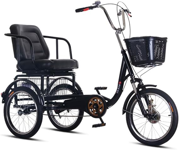 Adult Tricycles,with Front & Rear Baskets& Shock Absorber&Adjustable Seat,Three Wheel Beach Cruiser, Shopping Picnic Tricycles for Women, Men, Seniors,Matte Black,18in