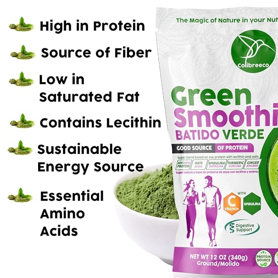 Colibreeco, Plant-Based Green Protein Powder, 12 oz (Pack of 2) Superfood Protein with Spirulina, Turmeric, Ginger, Probiotics for Digestive Support, Nutrition & Energy. Vegan & Chemical-Free.