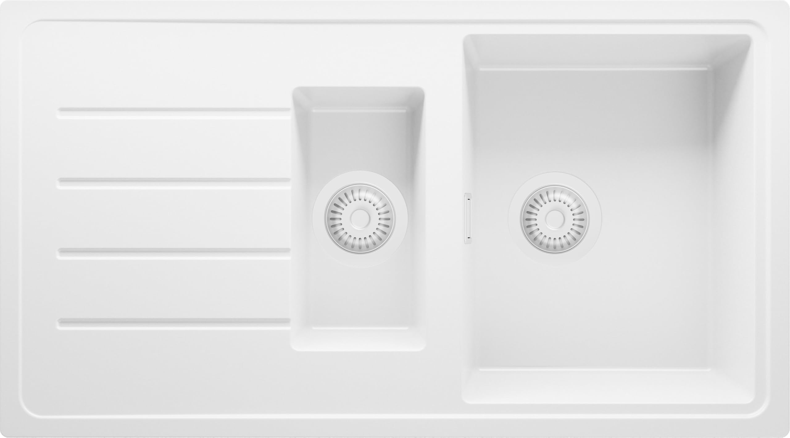 PRIMAGRAN Evier Cuisine en Granit Tout Blanc 90x50cm, Lavabo 1,5 bacs + Kit de Vidage, Évier à Encastrer au Meuble 60cm - Copenhague Duo S008