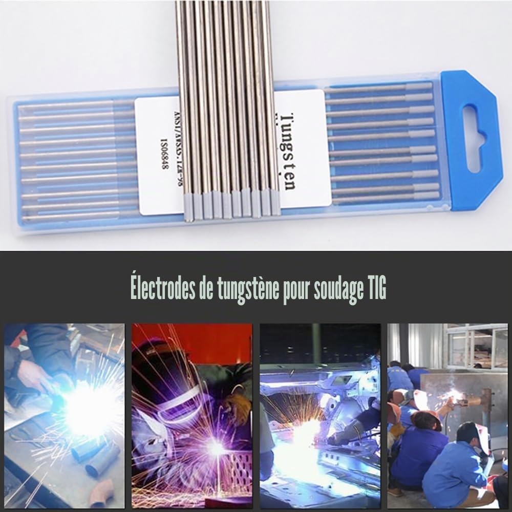 Lot de 10 électrodes de soudage en tungstène, 2,4 x 150 mm, tige d'électrodes de soudage TIG WL20, tungstène lanthané 2 % pointe bleue pour alliage, aluminium, métal