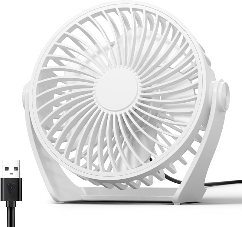 Edvision Ventilador de escritorio USB, pequeño portátil de 5 pulgadas, 3 velocidades potente viento mini ventilador de escritorio personal rotación de 360° ajustable, ventilador USB enchufable silencioso para mesa, hogar, oficina, viaje, auto (blanco)