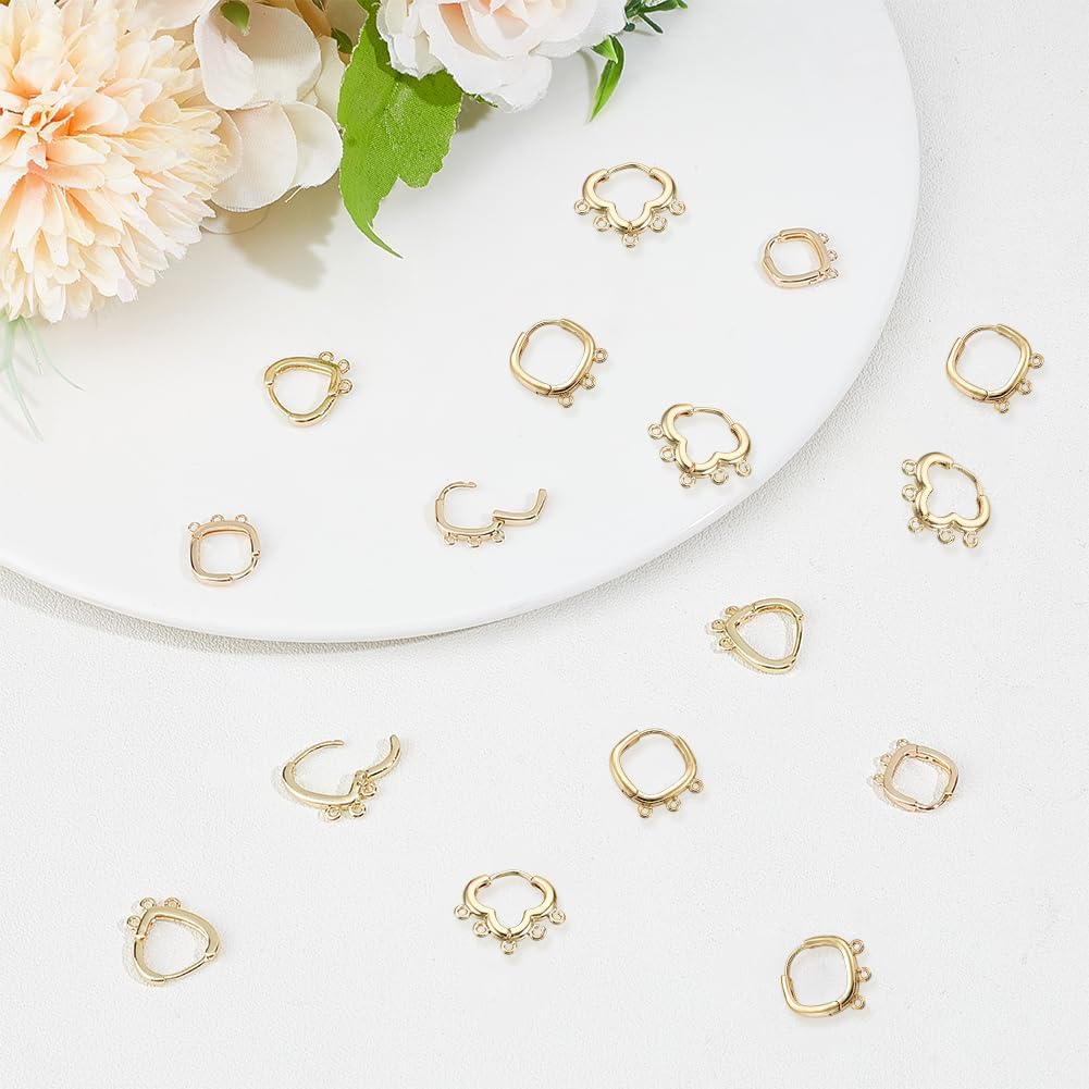 Beebeecraft 1 Box 16Pcs Huggie Hoop Earring Findings Real 18K Gold Plated Brass Multihole Earring Hooks Leverback with 3 Holes for DIY Jewely Making Supplies