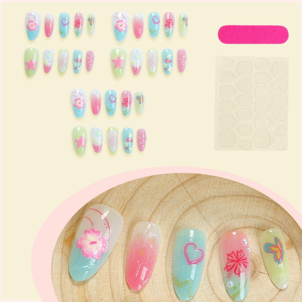 Almond Nails Tips Flower Fake Nails Glues On Nails Stick On Nails Artificial False Nails for Womens
