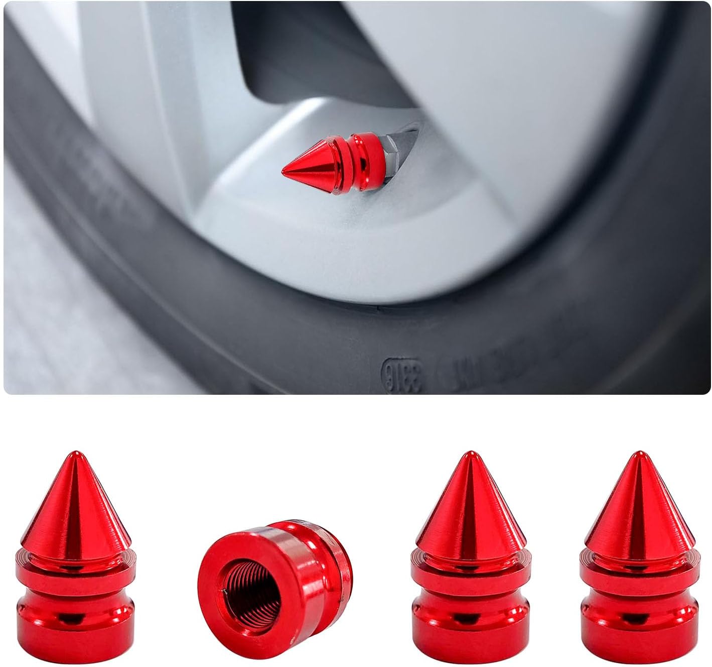 4 pcs car tire valve stem caps, spiked aluminum alloy auto tire wheel stem covers, universal dustrpoof tire trim accessories for cars, trucks, suvs and motorcycles (red)