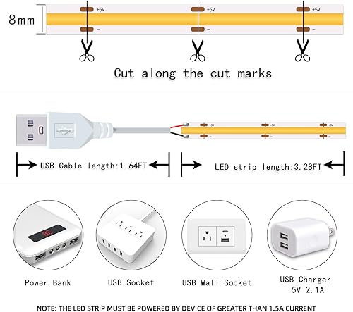 Miniatura 39 de Tira de luces LED cortas de 5 V USB LED, iluminación para gabinete, tira de luz LED COB de 3000 K, blanco cálido, no regulable, luces LED pequeñas