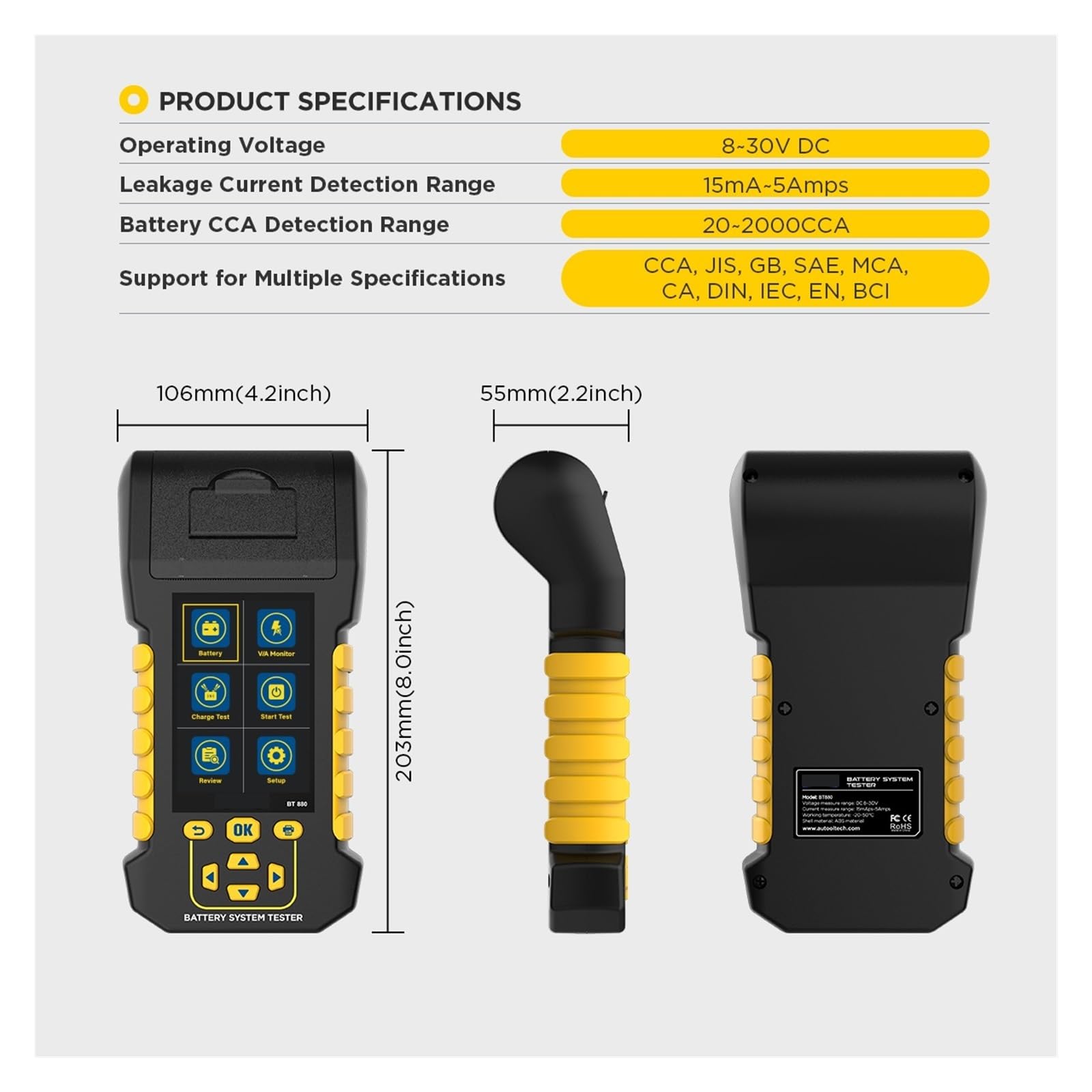 Comprobador de Batería, Probador de batería BT880 con Impresora Analizador de batería Probador Capacidad de la batería del automóvil Probador de Carga de Carga máxima