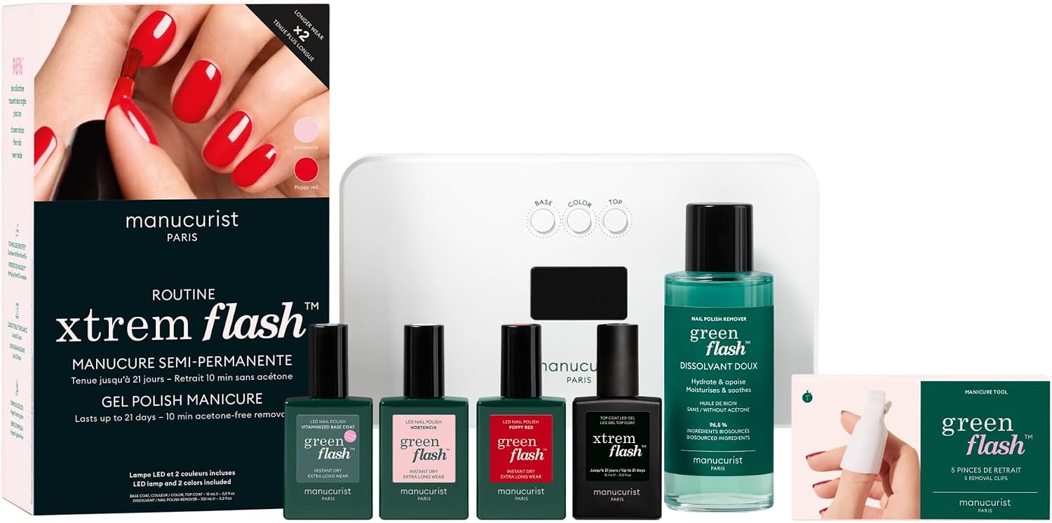 Manucurist Xtrem Flash Zestaw do Paznokci Żelowych Poppy Red & Hortencia - Lakier UV z Lampą LED 36W, Base Coat, Top Coat, Remover i Klipsy - Trwałość do 21 Dni