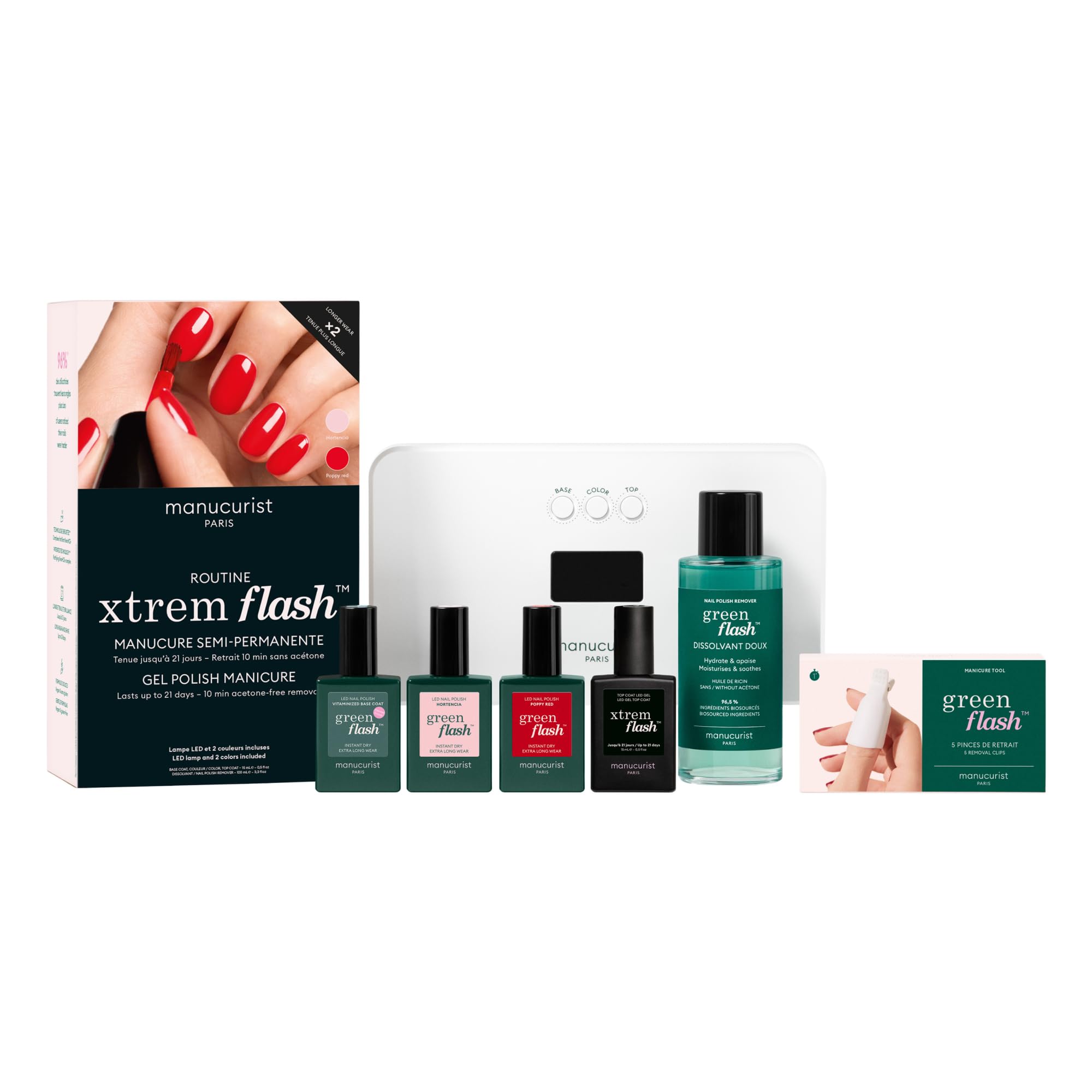Manucurist Kit Uñas Semipermanentes Xtrem Flash Poppy Red y Hortencia - Esmaltes Semipermanentes para Uñas con Lámpara LED 36W, Base, Top Coat, Quitaesmalte y Pinzas - Gel Uñas hasta 21 Días