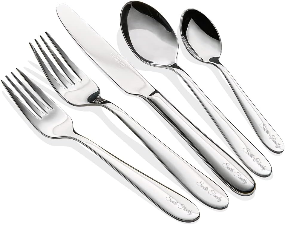 Personalized 40 Piece Silverware Set, EIUBUIE Custom Engraved Stainless Steel Flatware Set for 8 Mirror Polished Kitchen Cutlery Sets Include Upgraded Heavy Forks and Spoons Knives, Dishwasher Safe