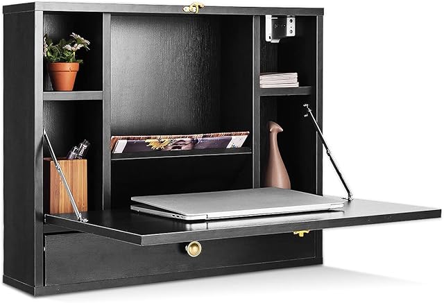 TANGZON 60x15x50 Wall Mounted Table, Folding Drop Leaf Computer Desk with Storage Compartments and Drawer, Multifunctional Desk Workstation for Home and Office (Black)
