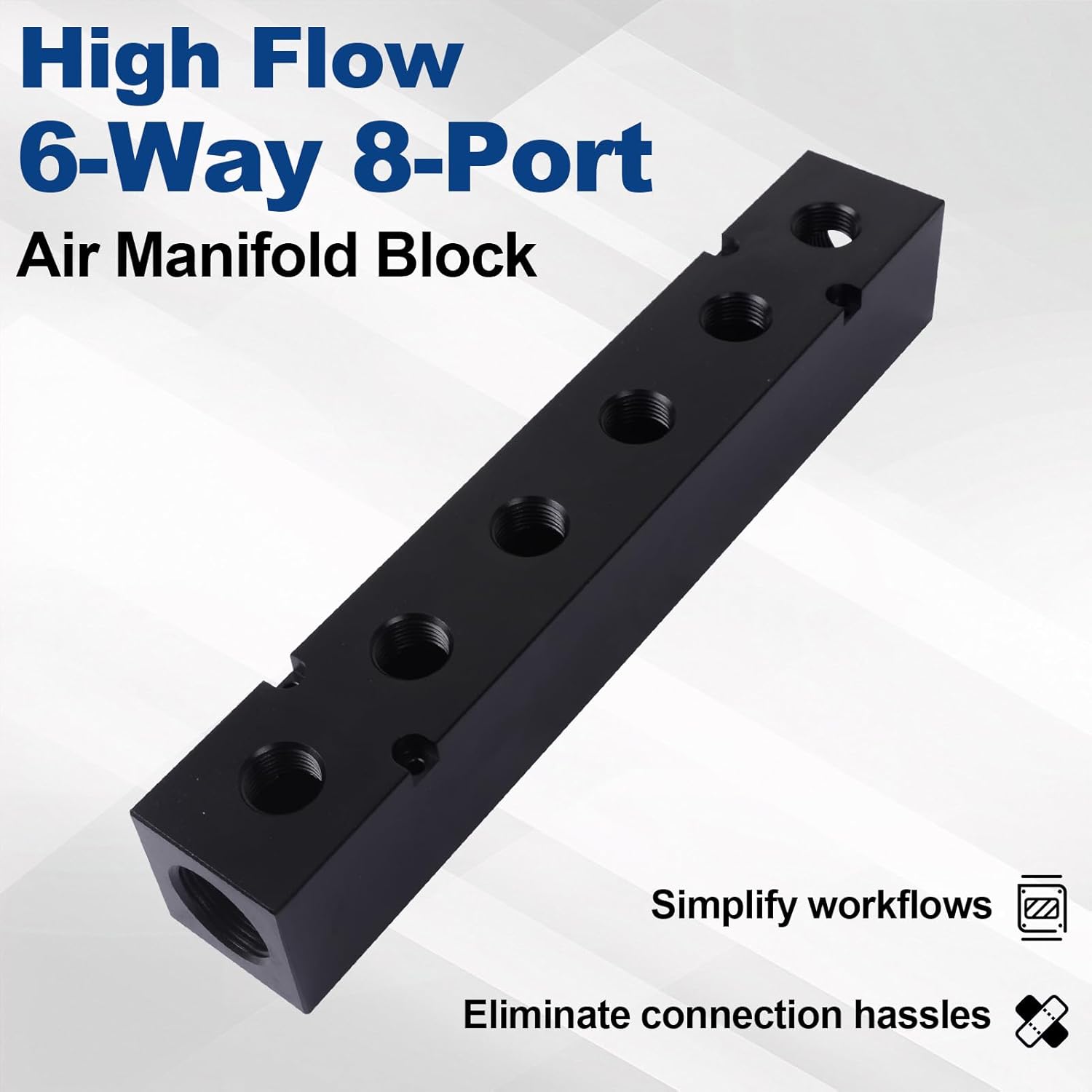 High Flow Air Manifold, Air Compressor Manifold, Air Hose Inline Manifold Block Splitter, Pneumatic Manifold Air Distribution Block, NPT 1 Inch Supply Port, NPT 1/2 Inch Output Port (6 Way 8 Port)